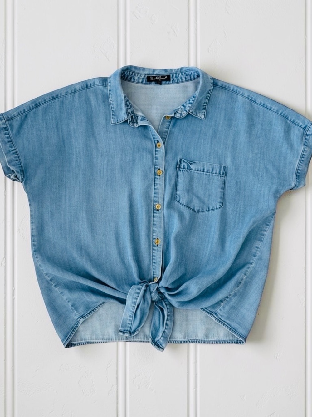 Velvet Heart Tencel Denim Button Tie Front Short Sleeve Top Size Medium - Picture 3 of 9